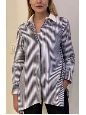 RANI ARABELLA Striped Cotton Button Down Shirt Blouse Multi Blue Stripes Size XL